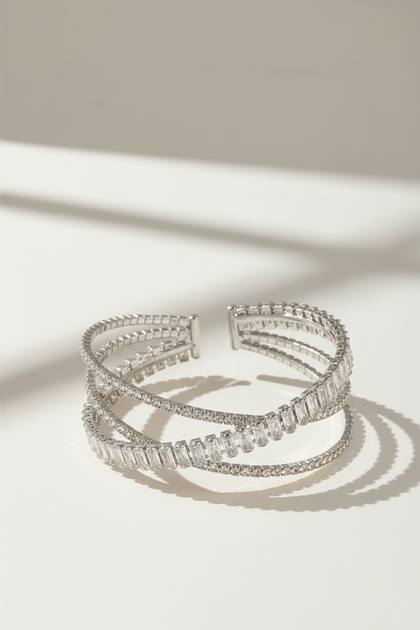 Triple Row Crystal Cuff Bracelet with Baguette Center – Silver or Gold