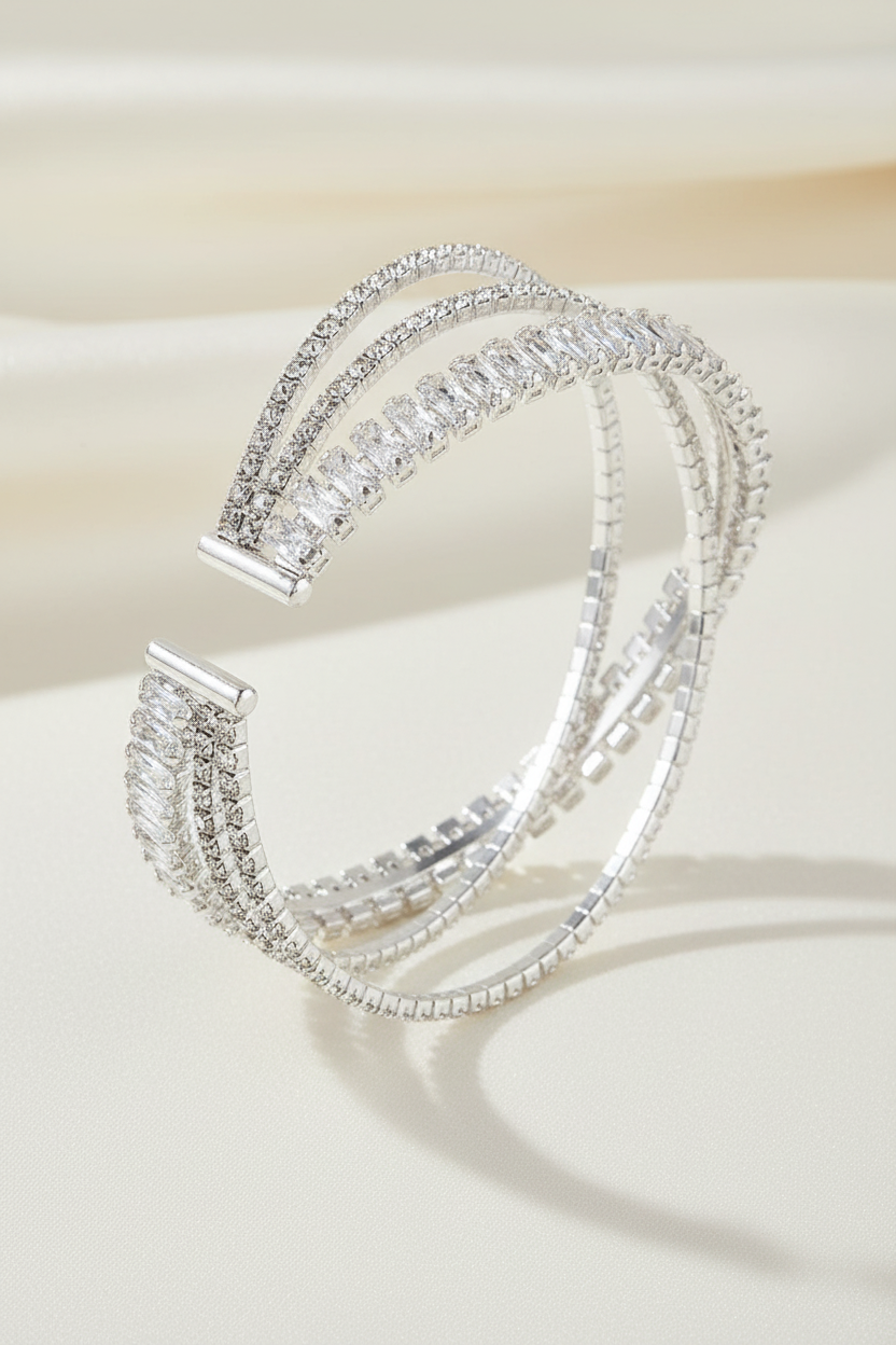 Triple Row Crystal Cuff Bracelet with Baguette Center – Silver or Gold