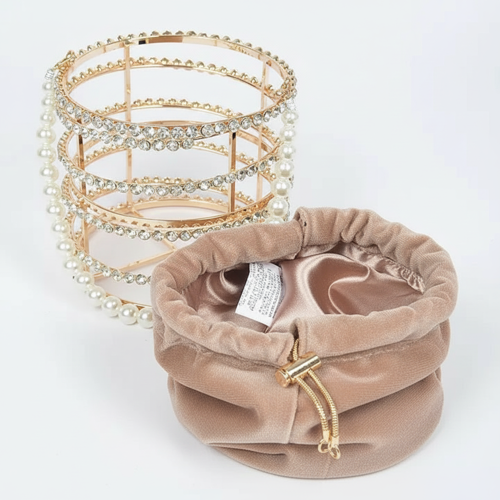 Rhinestone & Pearl Metal Frame Clutch  - Tube