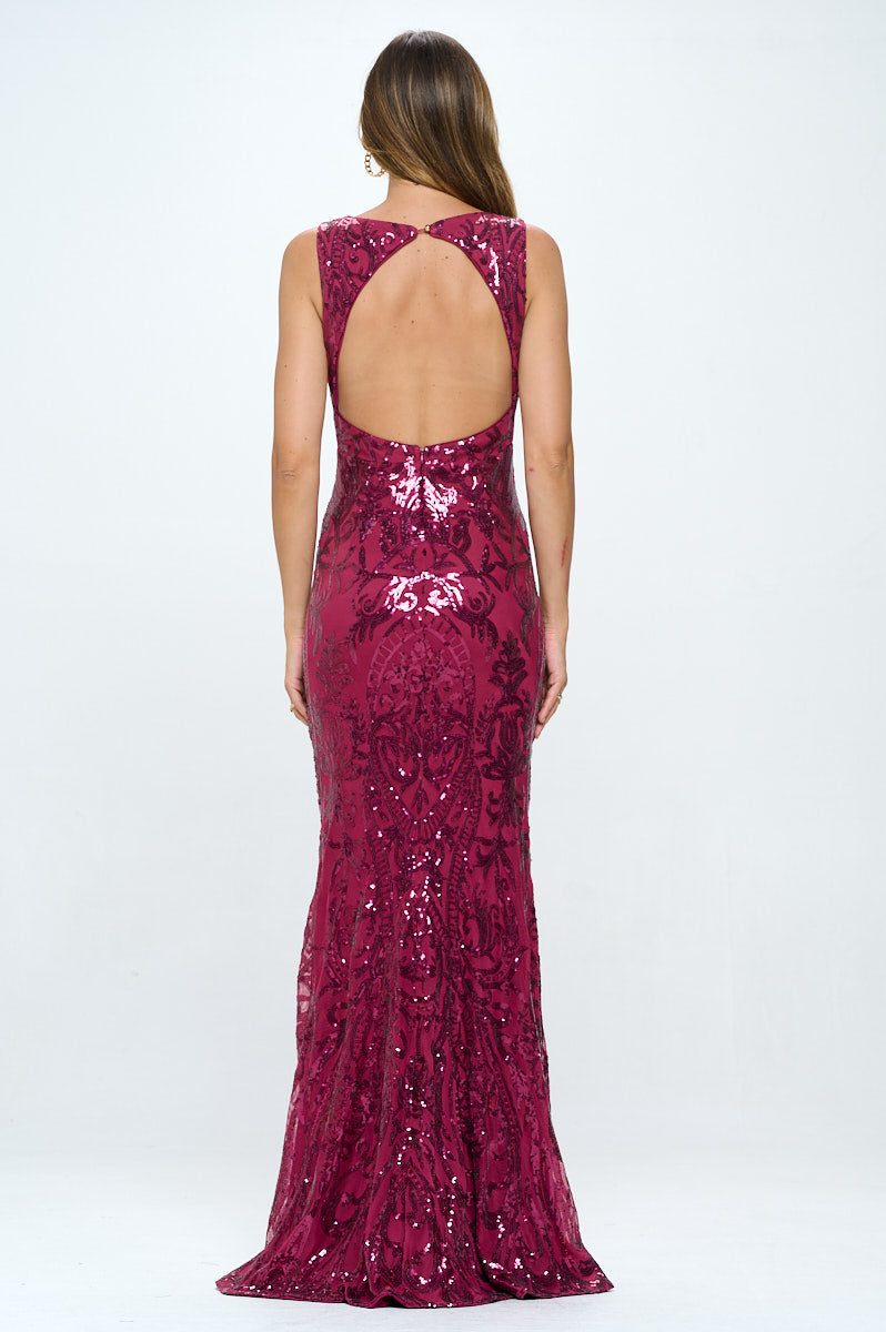 Back view of berry sequin mermaid gown showing dramatic open back cutout design, floor-length silhouette with train and allover sequin embellishment
