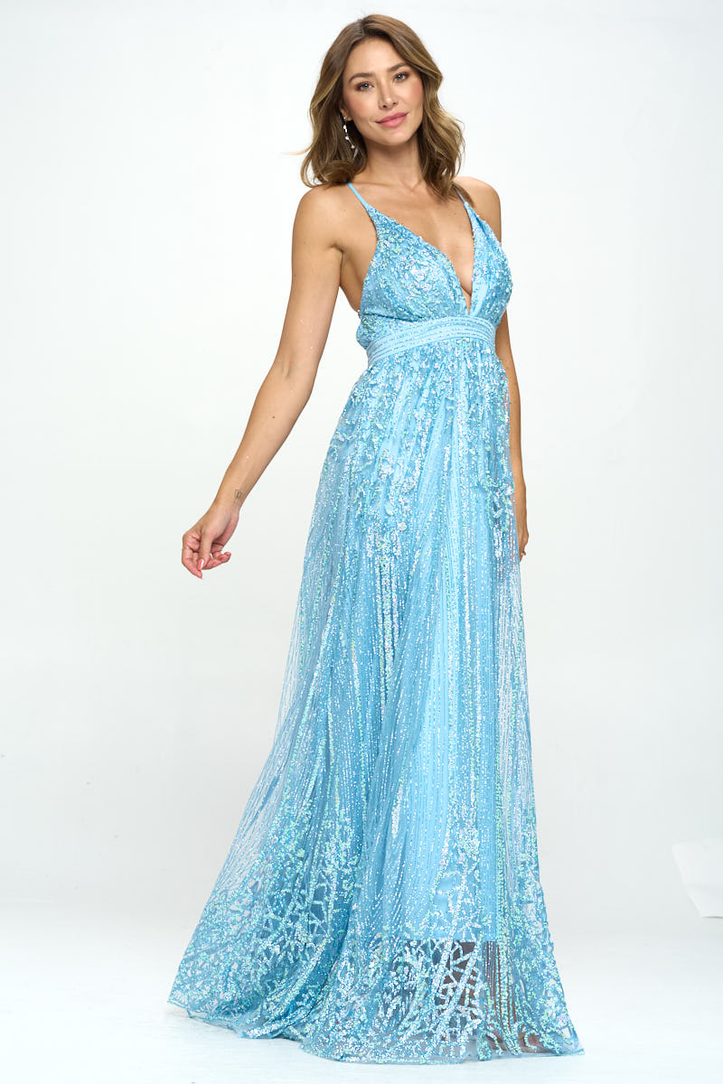 Sequin Glitter X Back Formal Gown
