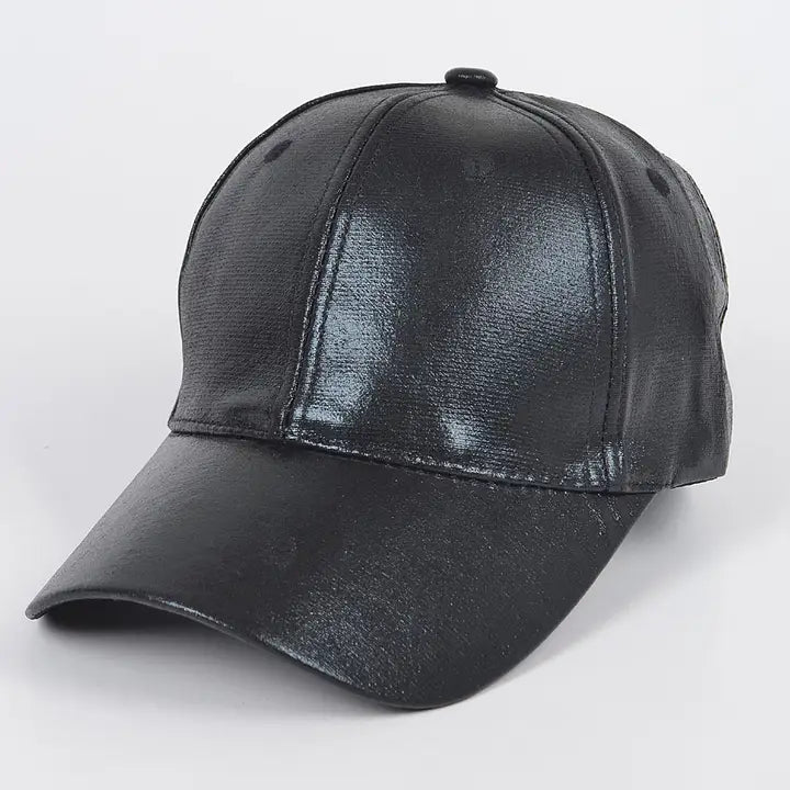 Metallic black baseball cap on a light gray background
