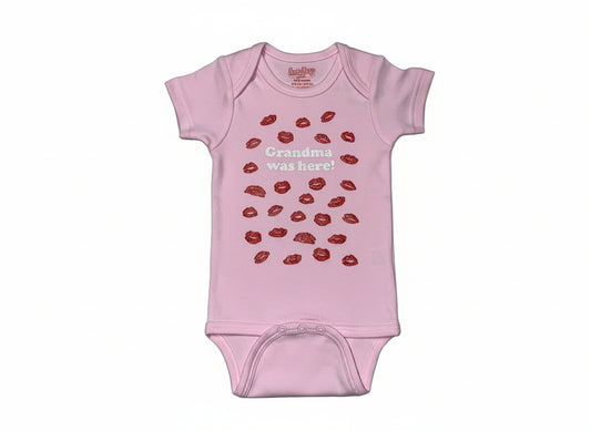 Grandma Was Here Onesie Pink with Lipstick Kisses