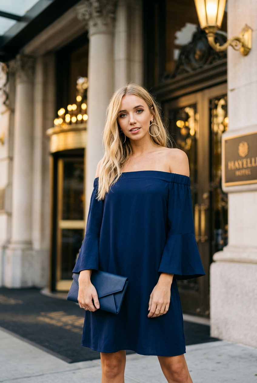 A woman stands on a city sidewalk in front of a hotel entrance wearing an off-the-shoulder navy blue dress with flared bell sleeves and holding a matching navy blue clutch bag.