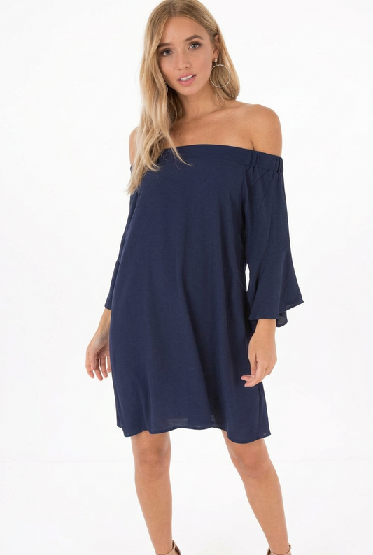 Off-the-Shoulder Bell Sleeve Dress in Navy