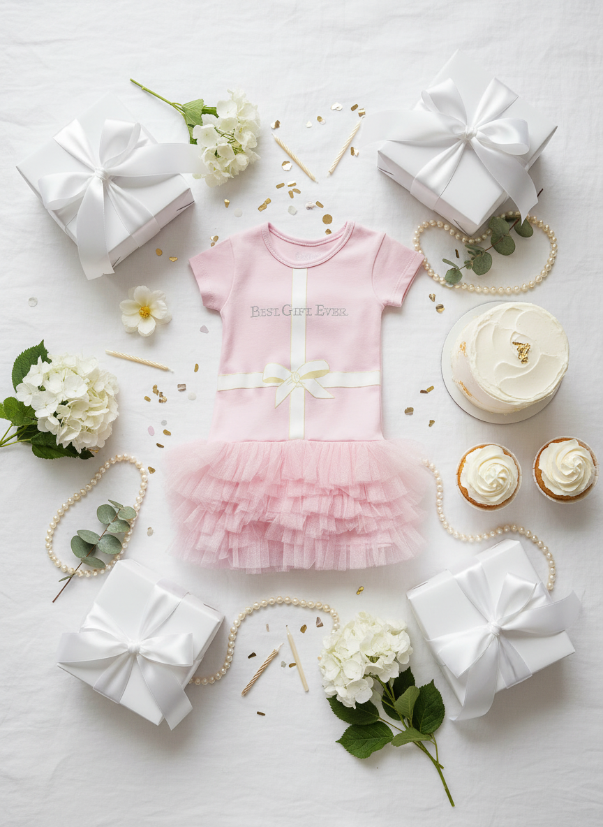 Pink toddler tulle dress with white ribbon bow surrounded by birthday celebration elements including gift boxes, candles, confetti, and white flowers on marble background