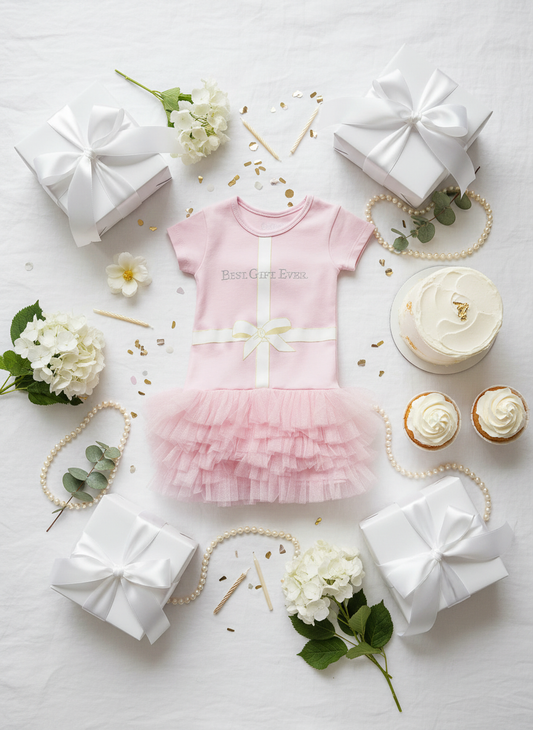 Pink toddler tulle dress with white ribbon bow surrounded by birthday celebration elements including gift boxes, candles, confetti, and white flowers on marble background