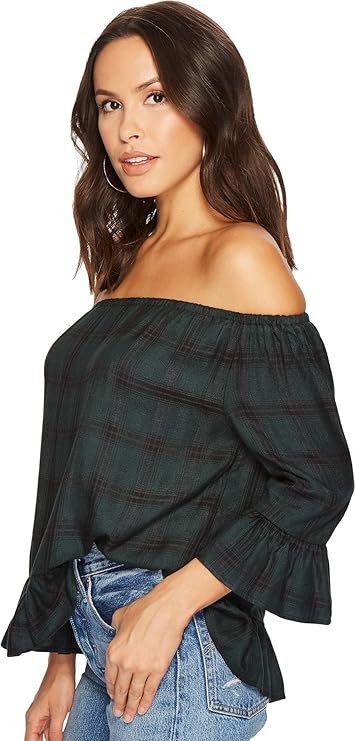 Green Plaid Off-the-Shoulder Bell Sleeve Top