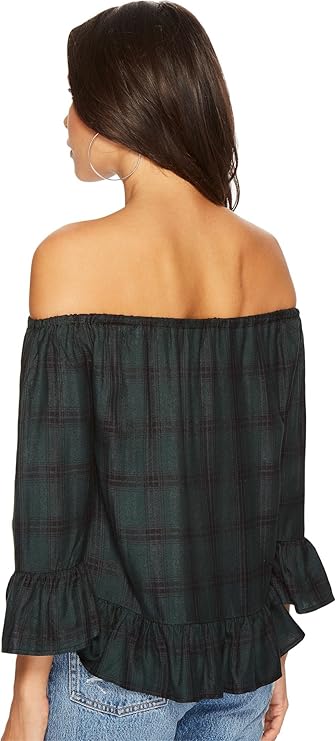 Green Plaid Off-the-Shoulder Bell Sleeve Top