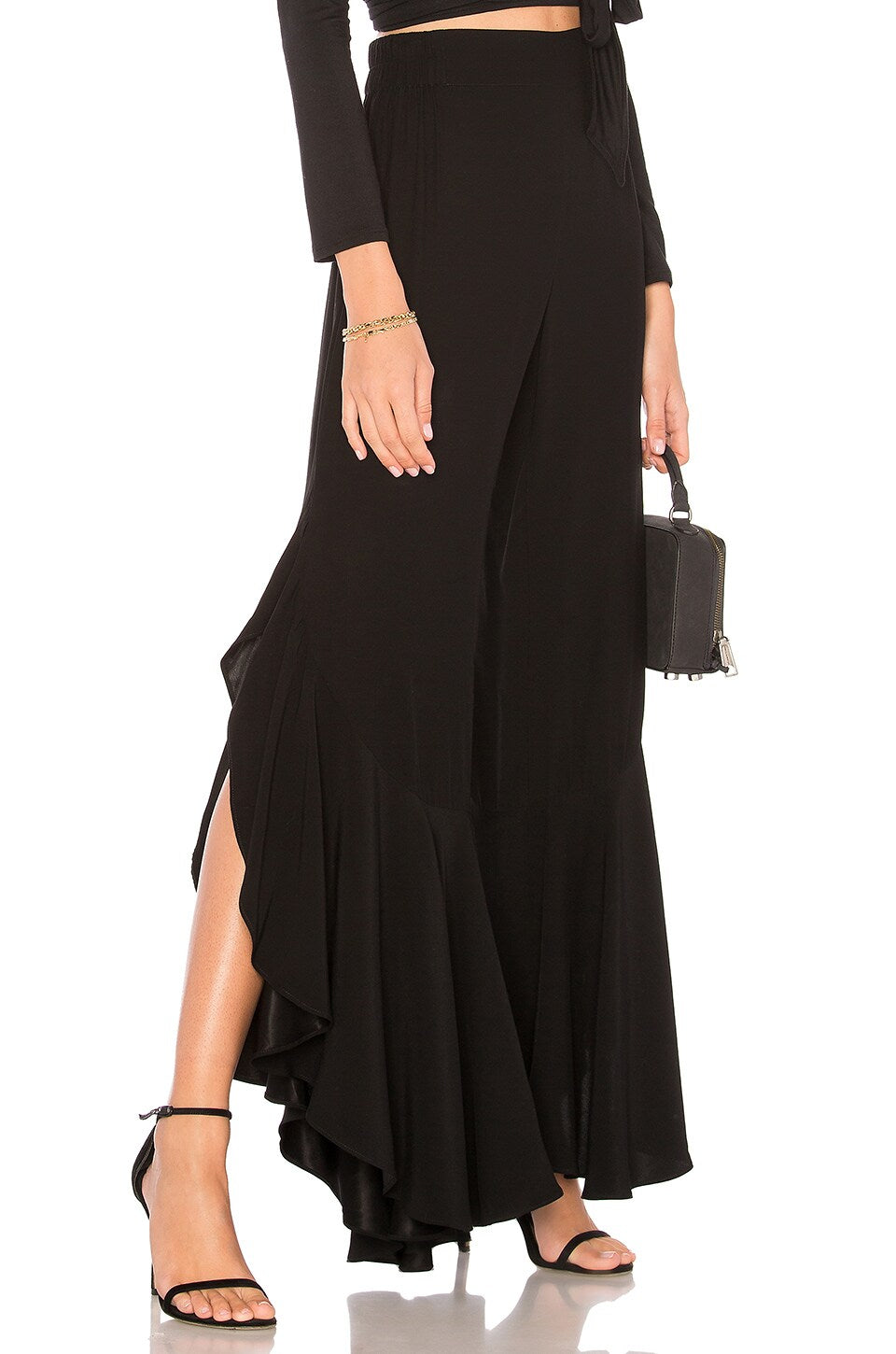 Black Ruffle Hem Wide-Leg Pants | Flowy Draped Evening Trouser