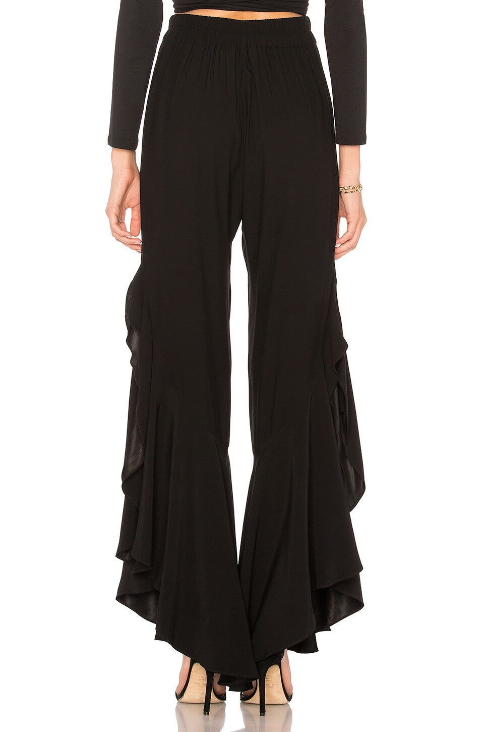 Black Ruffle Hem Wide-Leg Pants | Flowy Draped Evening Trouser