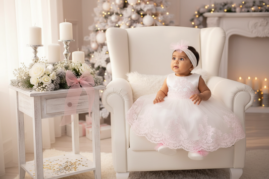 Baby pink and white lace christening dress set with headband and booties styled with elegant holiday decor, white flowers and winter accents