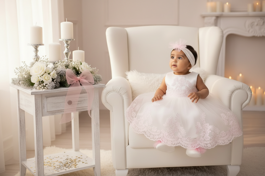 Baby Pink & White Lace Dress Set - Christening Baptism Outfit with Headband & Booties