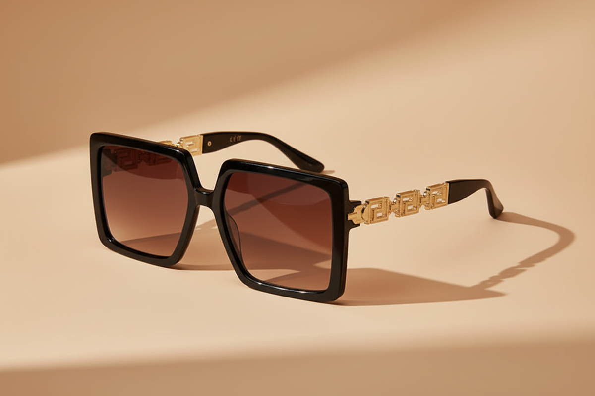Black square sunglasses with gold Greek key designer trim - luxury eyewear product photography