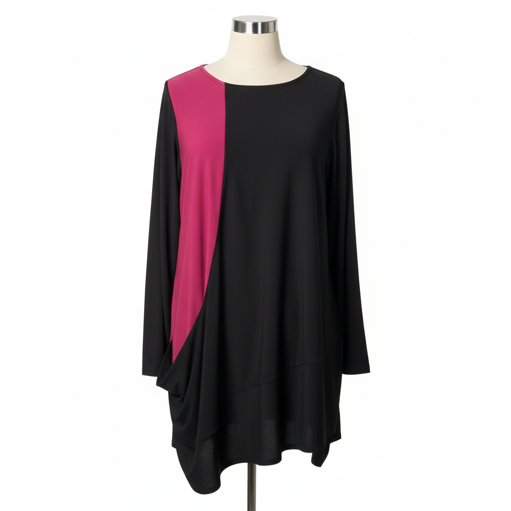 Black and rose statement pocket tunic on dress form showing asymmetrical pink color block panel and draped pocket detail