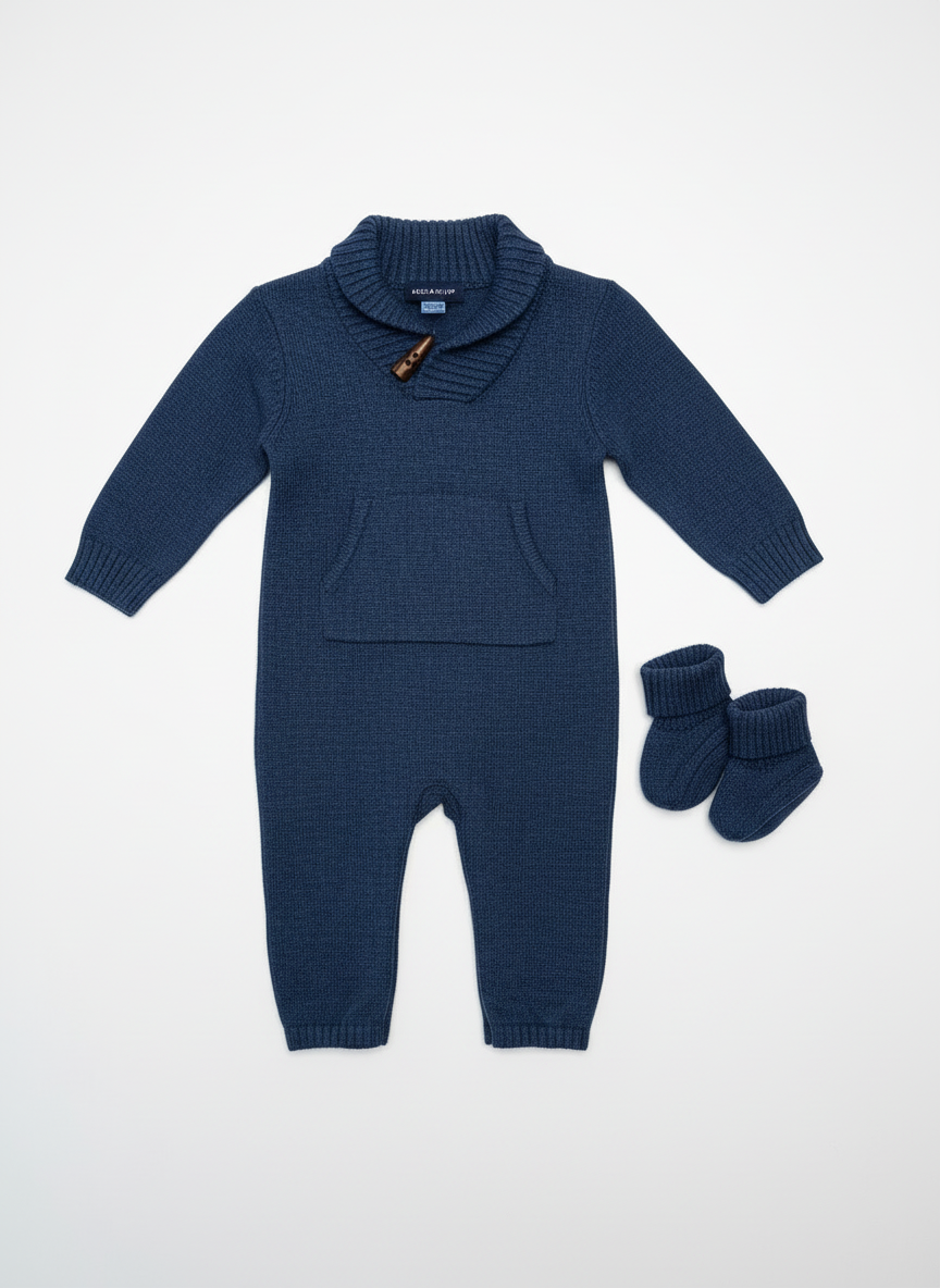 Navy blue baby outfit with matching booties on a white background