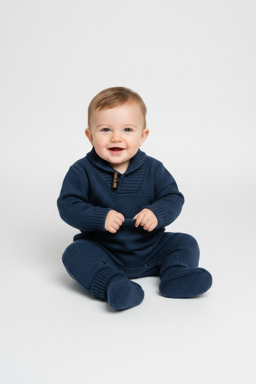 Baby Boy Navy Sweater Knit Coverall Set with Booties
