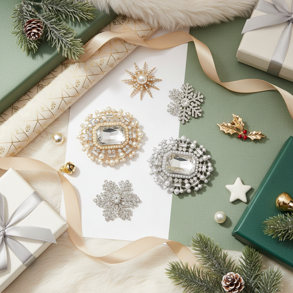 Luxury crystal pearl and rhinestone brooches in gold and silver tones arranged in festive holiday flat lay with elegant gift wrapping, silk ribbons, and pine branches