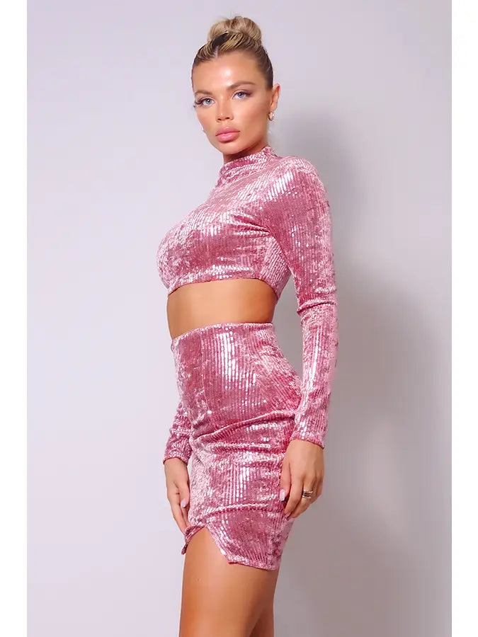 Pink Sequin Velvet Crop Top & Mini Skirt Set