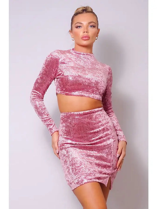 Sequin Velvet Crop Top and Skirt Set Pink