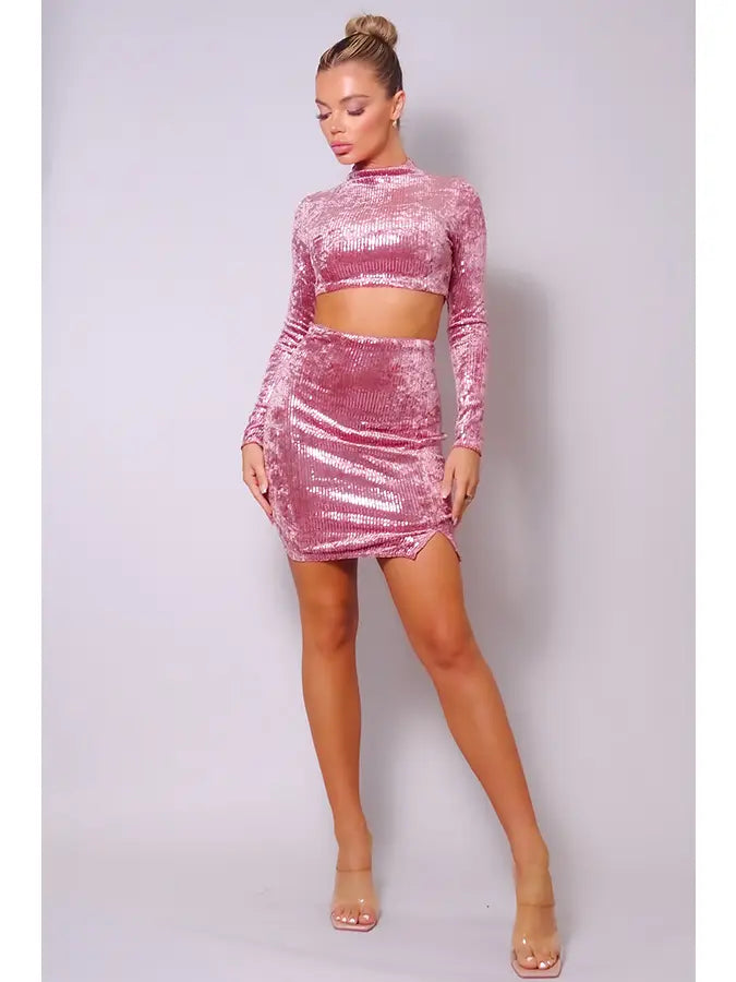 Pink Sequin Velvet Crop Top & Mini Skirt Set