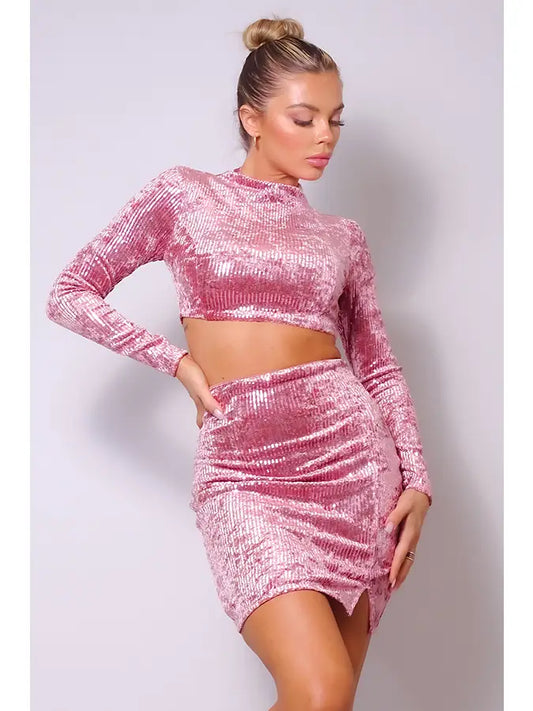 Sequin Velvet Crop Top and Skirt Set Pink