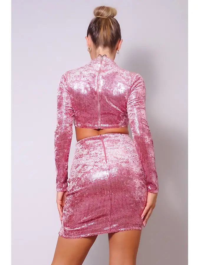 Pink Sequin Velvet Crop Top & Mini Skirt Set