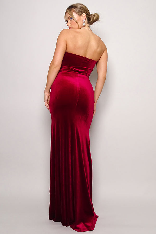 Strapless Velvet Sweetheart Gown with Slit
