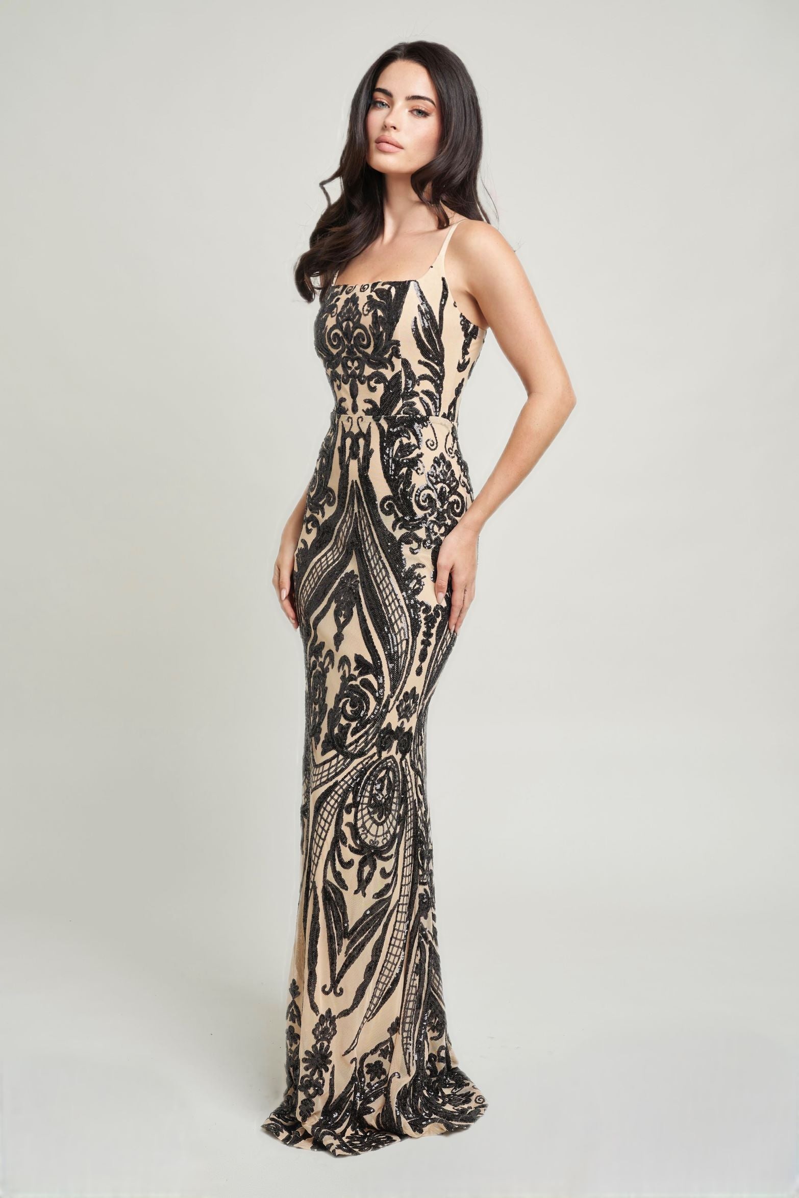 Sequin Mesh Square Neck Maxi Dress Silver or Black | Formal Gown with Art Deco Sparkle Black/Nude / M Sequin Mesh Square Neck Maxi Dress Silver or Black | Formal Gown with Art Deco Sparkle Black/Nude / M