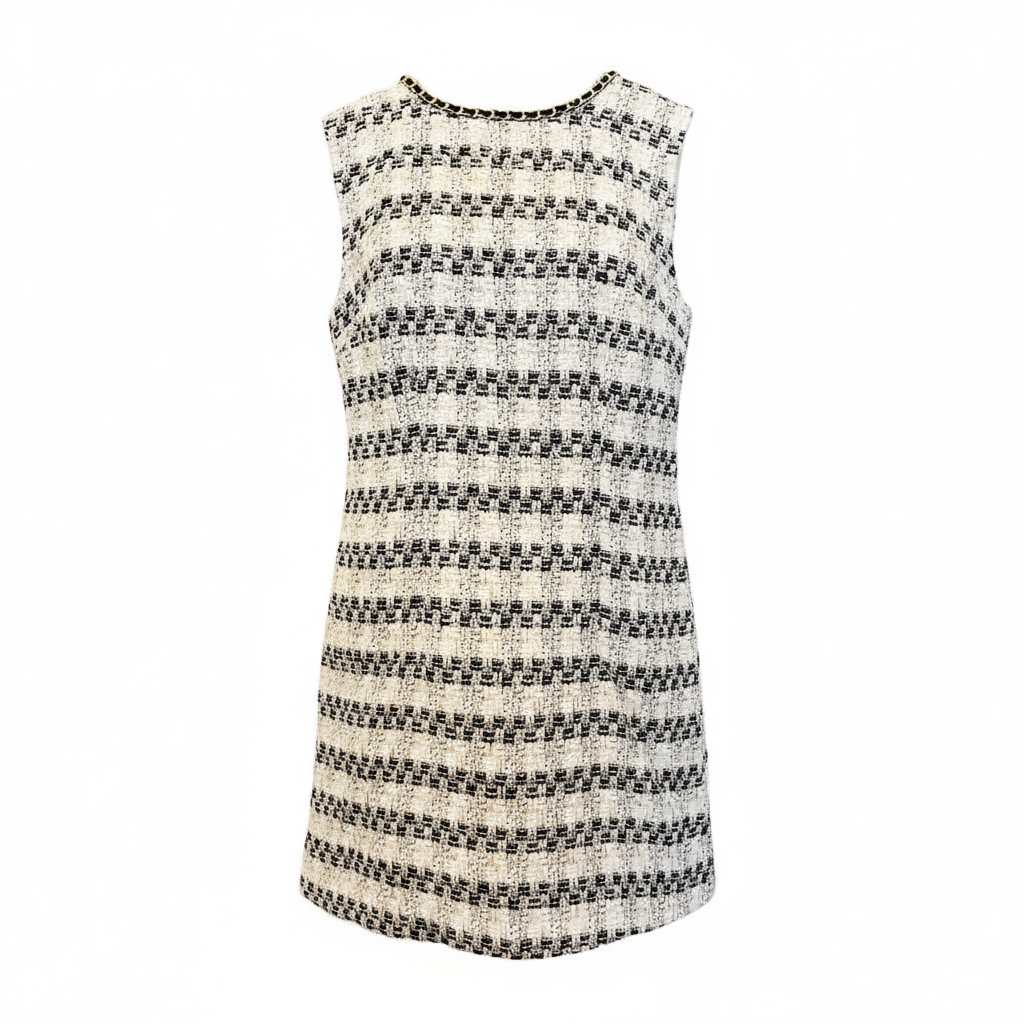 Clean studio front view of cream black gold tweed dress