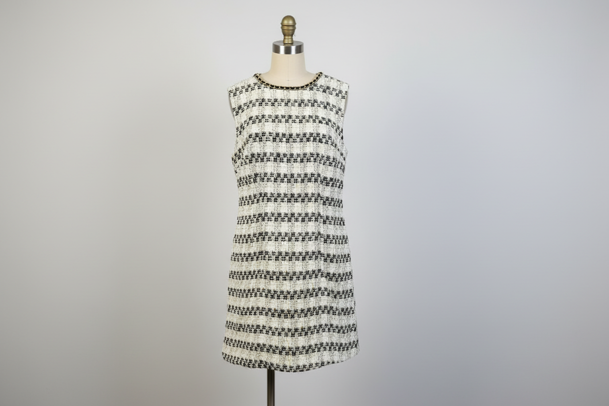 Sleeveless Tweed Sheath Dress with Chain Trim - White Black Gold