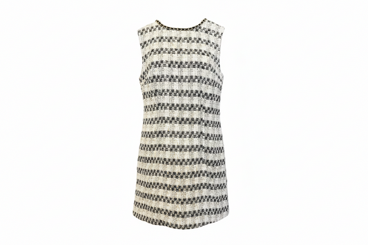 Sleeveless Tweed Sheath Dress with Chain Trim - White Black Gold