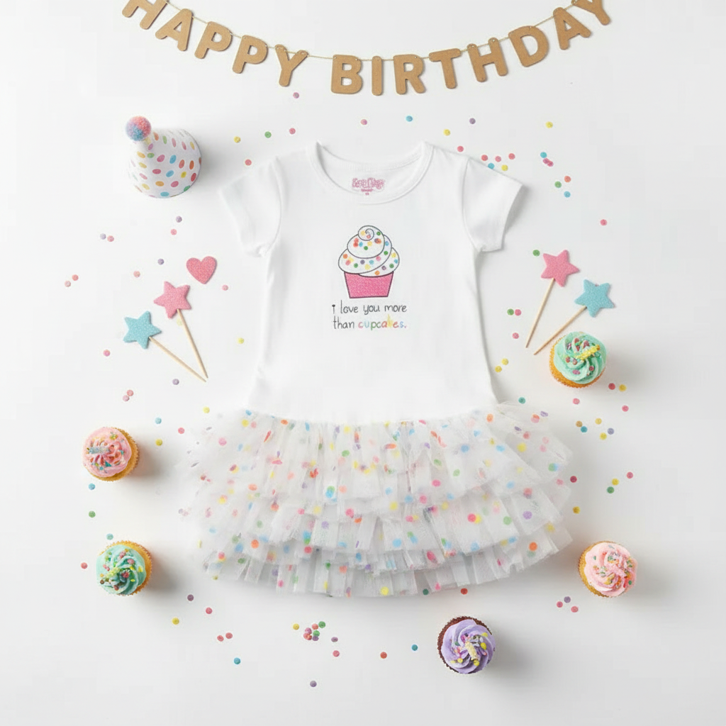 White cupcake toddler dress with confetti dot tulle skirt, styled with cupcakes, birthday candles, and party decorations on white background




