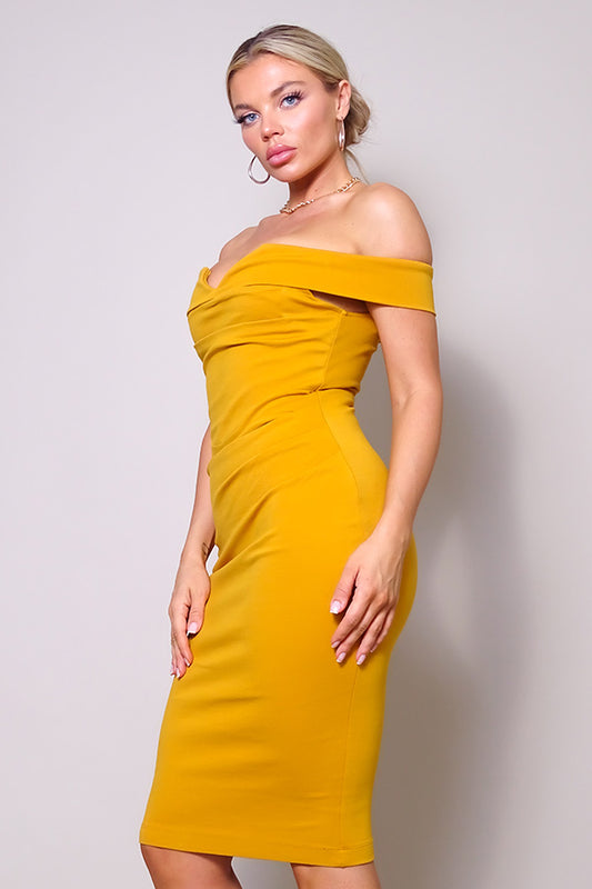 Mustard Off-the-Shoulder Knee-Length Bodycon Dress