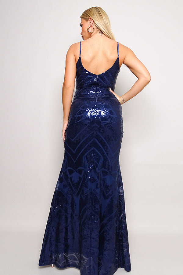 Bardot Art Deco Sequin Gown – Plunge Neckline & Front Slit