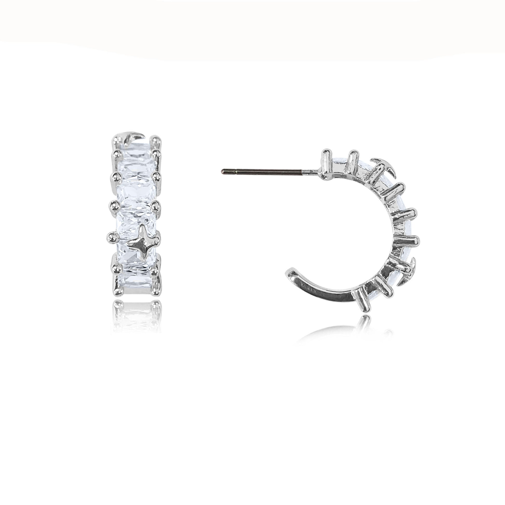 Rhodium plated cubic zirconia square cut hoop earrings with metal star accents, front and side view on white background
