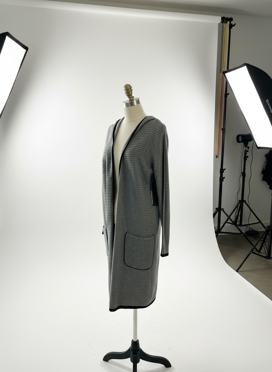 Gray cardigan on a mannequin against a white background with studio lighting equipment.