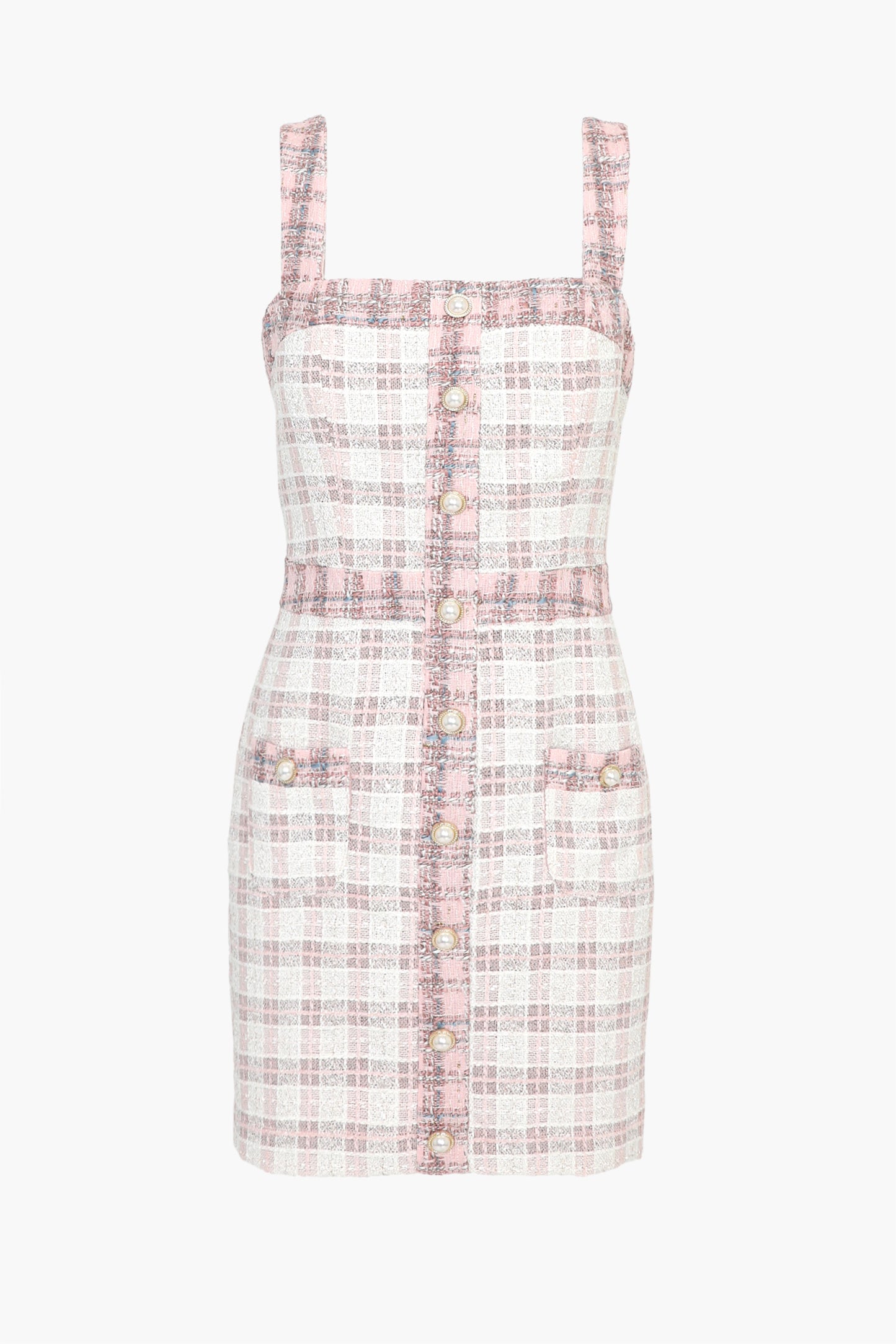 Pearl Button Tweed Mini Dress – Pink & Ivory