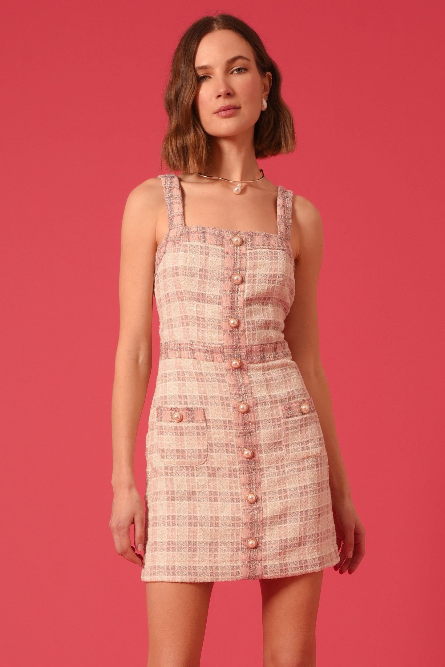 Pearl Button Tweed Mini Dress – Pink & Ivory