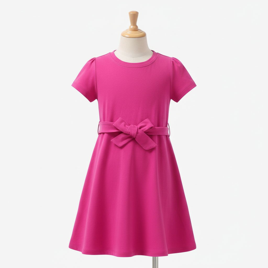 Girls' pink short sleeve dress with bow tie belt on dress form - A-line casual dress with matching fabric belt