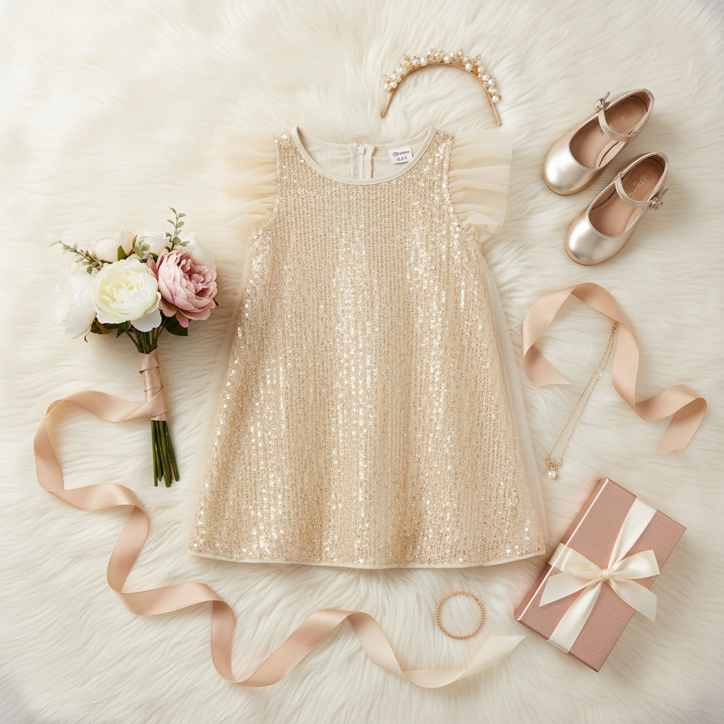 Girls' champagne gold sequin dress with flutter sleeves flat lay styled with accessories - toddler formal dress for special occasions