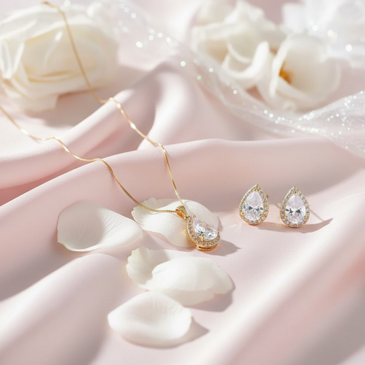 Teardrop cubic zirconia necklace and earring set with halo settings - elegant bridal jewelry