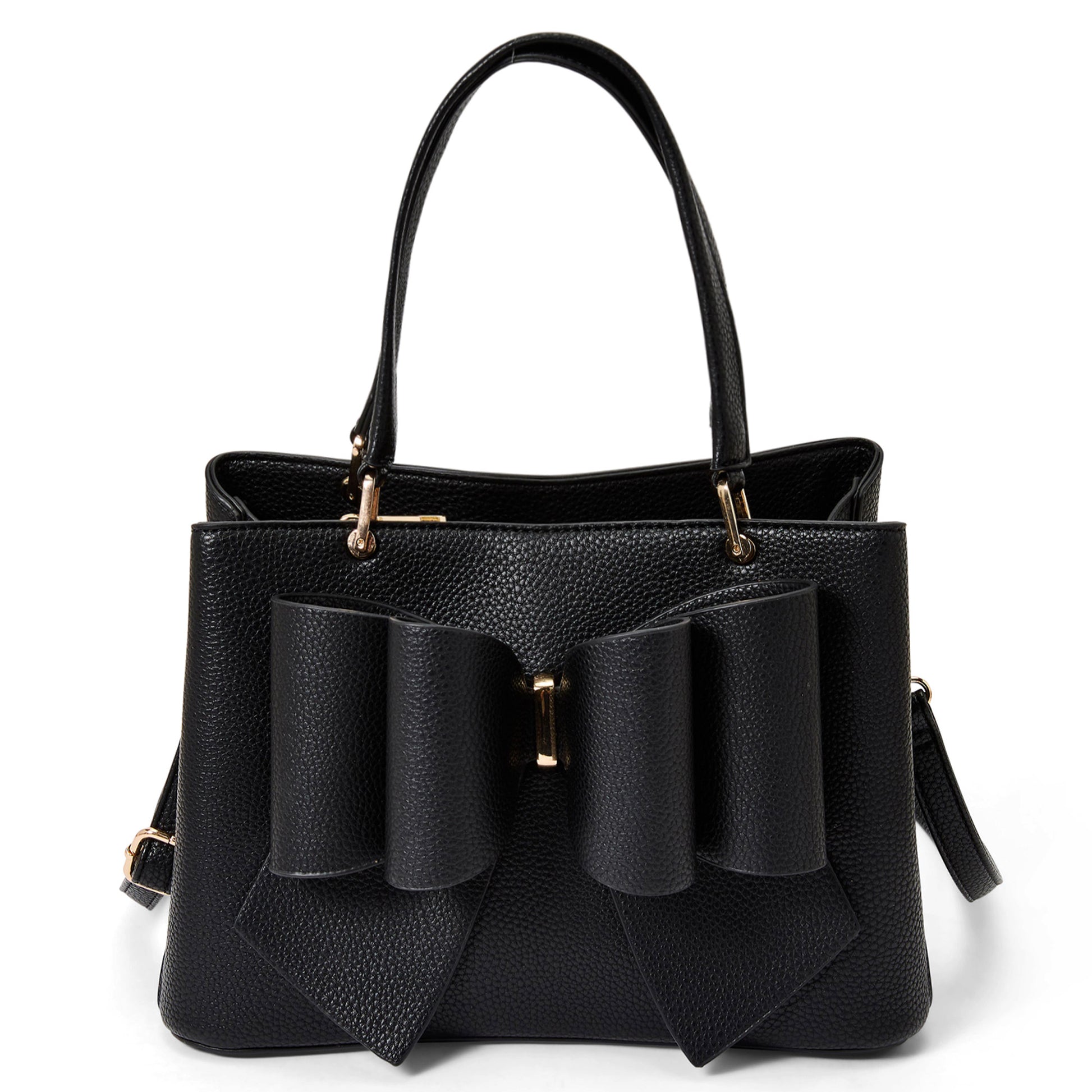 Black handbag with ruffled details on a white background