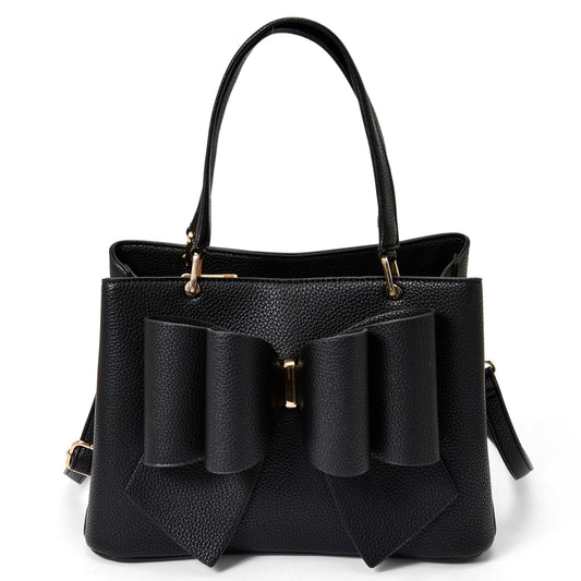 Black handbag with ruffled details on a white background