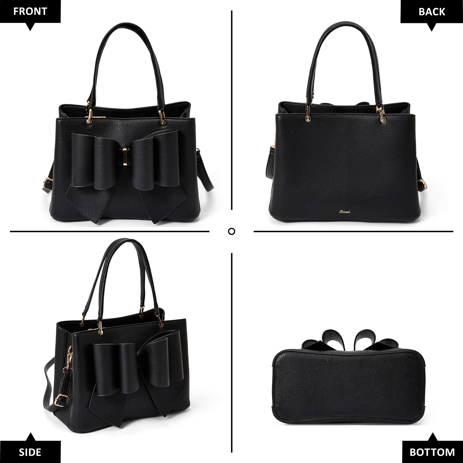 Black handbag shown from front, back, side, and bottom angles on a white background.