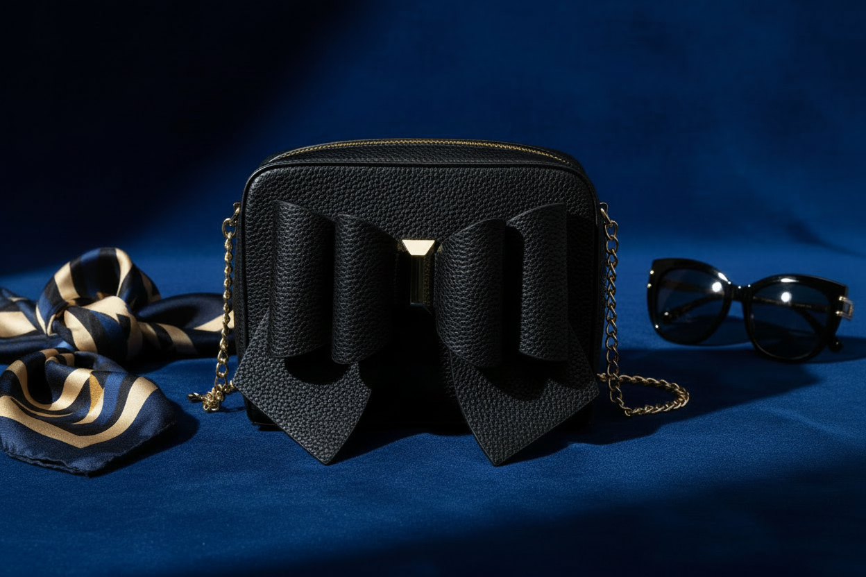 Black handbag with a large bow, sunglasses, and a scarf on a blue background