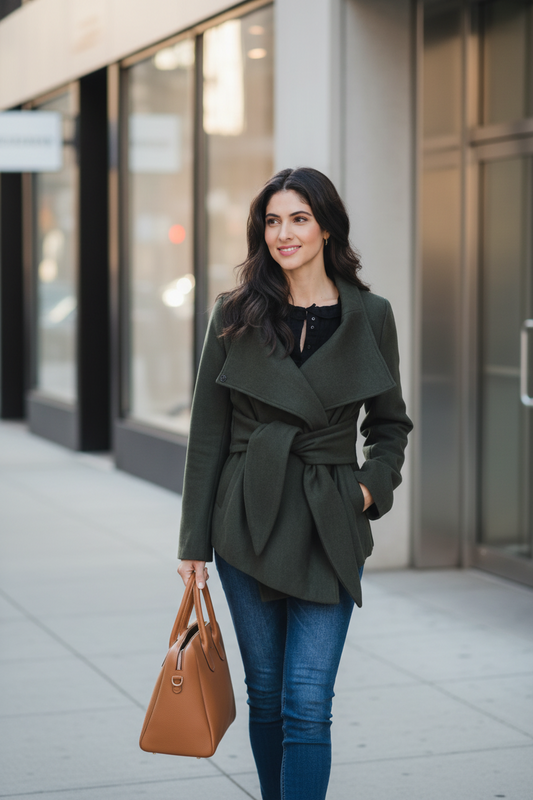 Olive Green Belted Wrap Coat - Convertible High Collar Jacket for Women