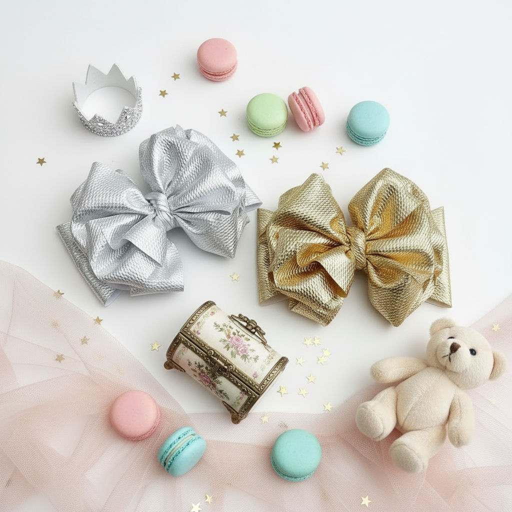 infant metallic headbands, macarons, a teddy bear, and a small jewelry box on a light background.