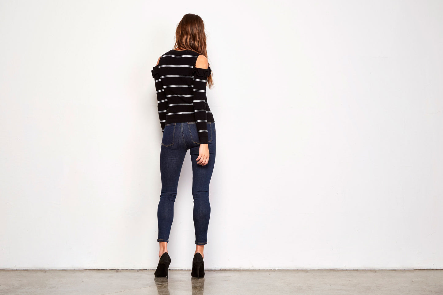 Striped Ruffle Cold Shoulder Sweater