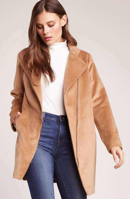 Camel Faux Suede Asymmetric Zip Coat